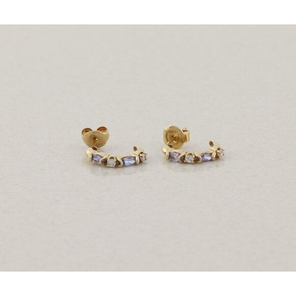 10k Yellow Gold Purple and White Earrings J Hoop Earrings Tiny Huggie Hoops - Picture 3 of 8